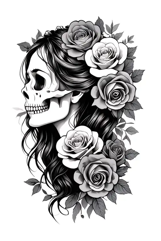 Skulls Gypsy Girl Side Profile Roses Blooming