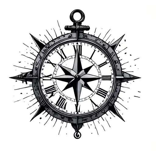 Half Clock Half Compass Centered Anchor In The Middle
