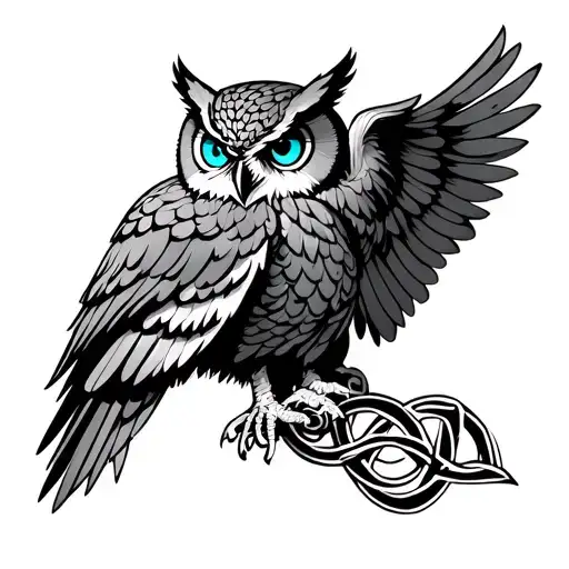 Owl With Blue Eyes On Armor Tattoo Design Featuring Celtic Trinity Knot