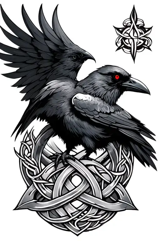 Raven With Red Eyes On Armor Tattoo Design Featuring Celtic Trinity Knot