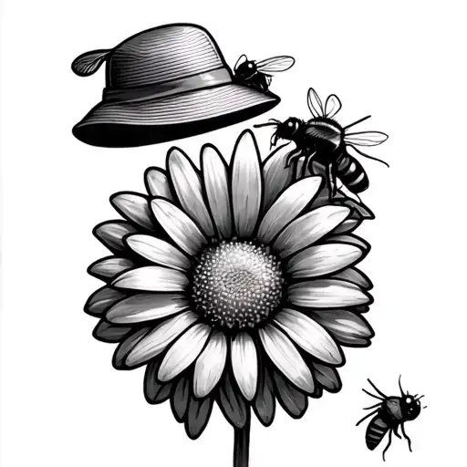 Daisy Flower With A Bee And A Small Summer Hat