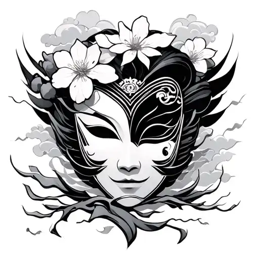 Kabuki Mask With Cherry Blossom And Thunder Clouds