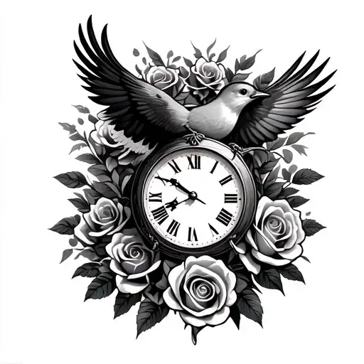 A Bird Flying With A Numeral Clock Around It Surround By Roses Tattoo idea