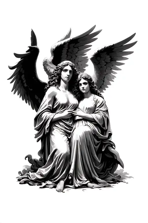 Female Angel Being Protected By A Make Male Angel Tattoo idea