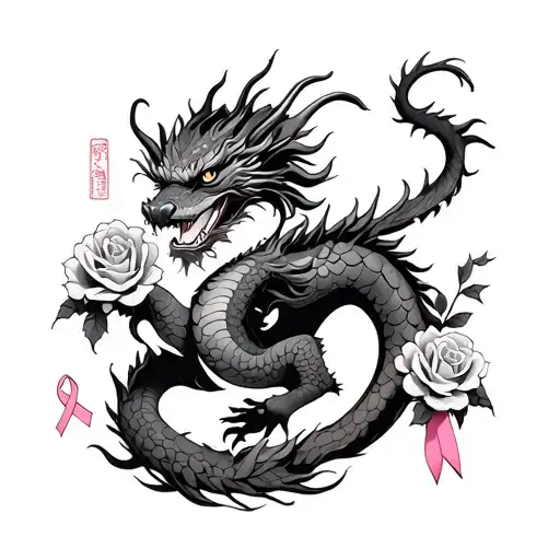 Japanese Dragon With Roses And The Tail Loops Like The Breast Cancer Ribbon Tattoo idea