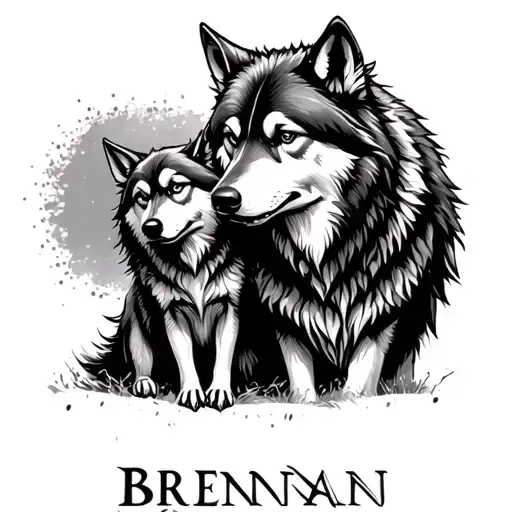 The Name 'Brennan' Used To Create A Line Drawing Of Mom Wolf Protecting Her Son