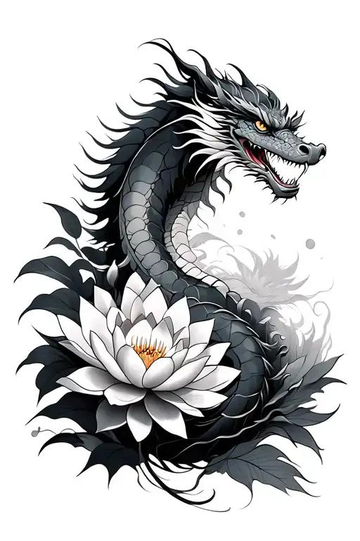 Japanese Dragon With Lotus Flowers Blooming