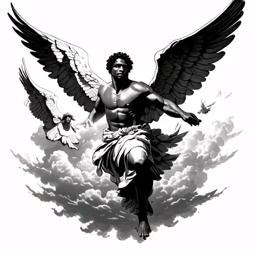 Make A Tattoo Stencil Of A Male African American Angels Flying Up In The Clouds Away From Fire Tattoo idea