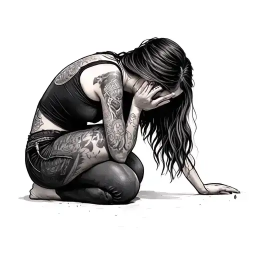 Side View Of Girl On Her Knees Crying Woman