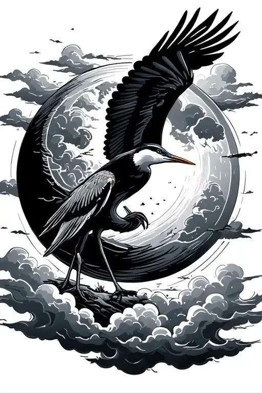 Woodcut Moon With Clouds And Heron Soaring Above