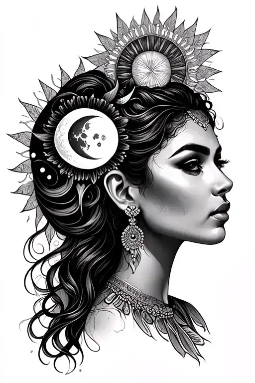 Fine Line With Some Shading Woman Portrait To Shoulder With Sun And Moon Incorporated Chicano