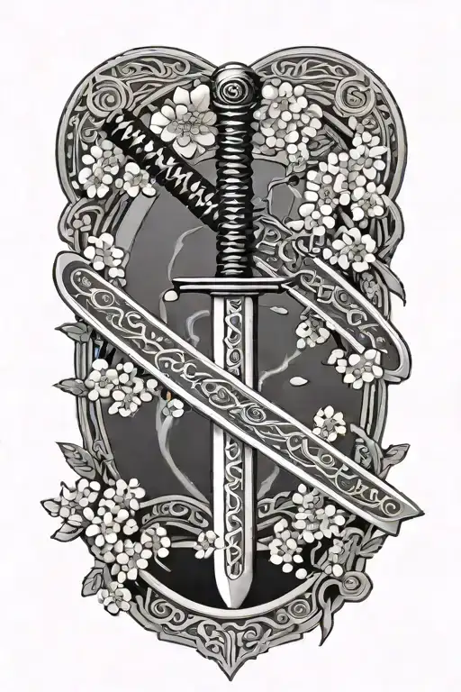 Japanese Katana Sword In Front Of Harp With Cherry Blossoms In Background