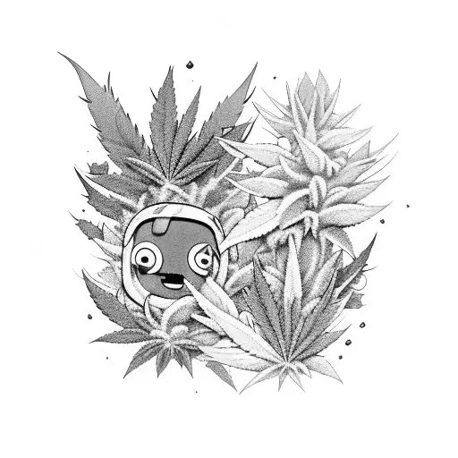A Black And Grey Tattoo Of Adventure Time Characters Surrounded By Cannabis Leaves