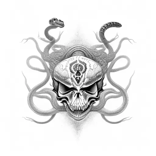 An Intricate Black And Grey Tattoo Of A Venomous Snake Coiled Around A Skull