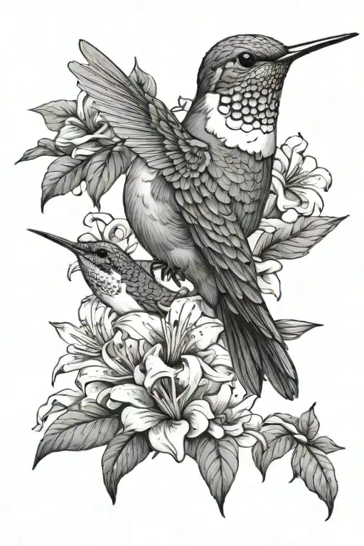 Flowers And Hummingbird With Leaves