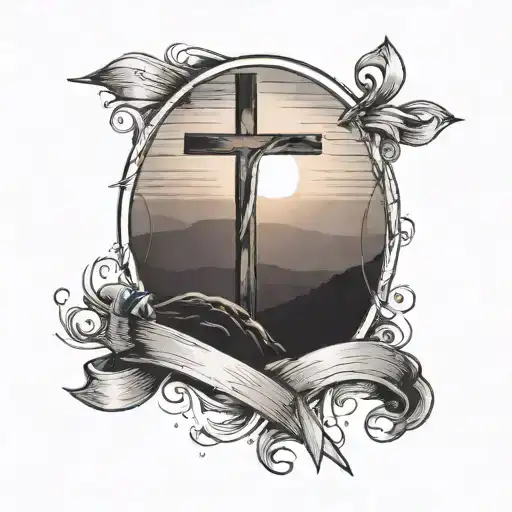 A Cross On A Hill With A Sunset In The Backround The Cross Has A Ribbon Wrapped Down Its Length