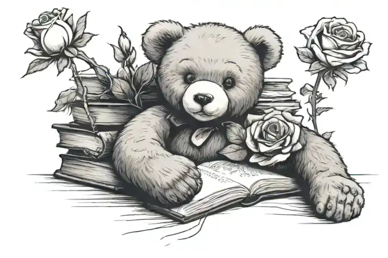 Teddy Leaning On A Book With A White Rose Laying Beside Them