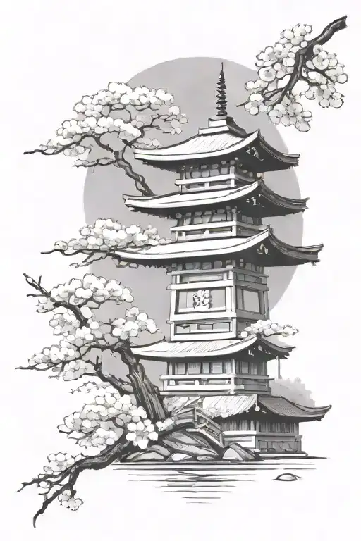 Cherry Blossom And Japan Decor With Torii Mount Fuji And Word In Japanese