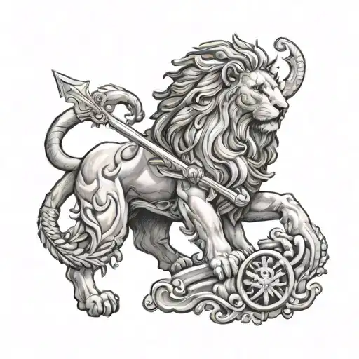 Antique Greek Mythology Lion And Spartan Soldier