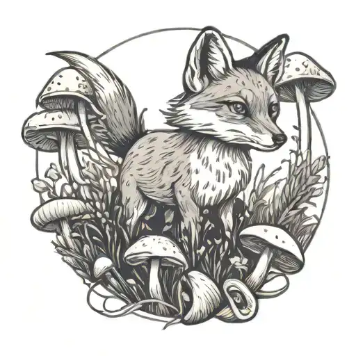 Fox Leap Into Field Of Mushrooms Tied With A Ribbon