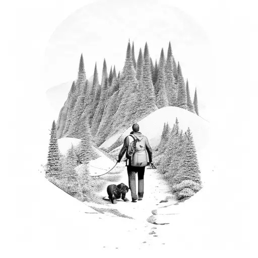 Man Walking Dog Through A Mountain Track In The Distance