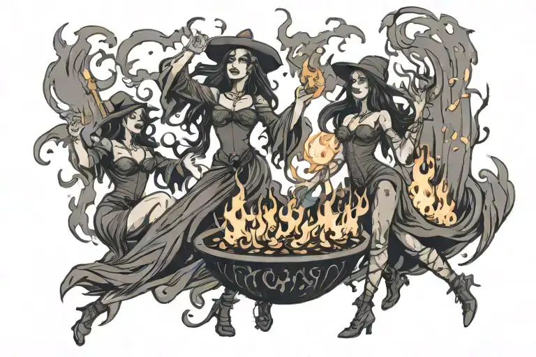 Female Witches Dancing Around Fire With The Fire Going Up & Bending
