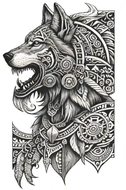 Wolf With Aztec Warrior