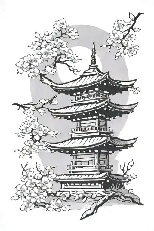 Cherry Blossom And Japan Decor With Torii Mount Fuji And Word In Japanese