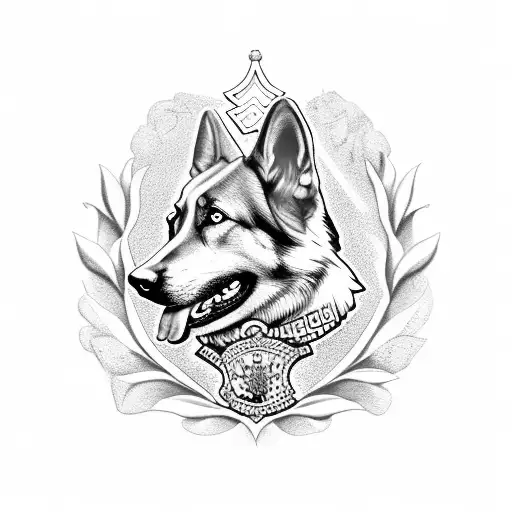 House Crest With German Shepherd In Middle With Veronica Flowers And Ivys Holding A Roman Coin