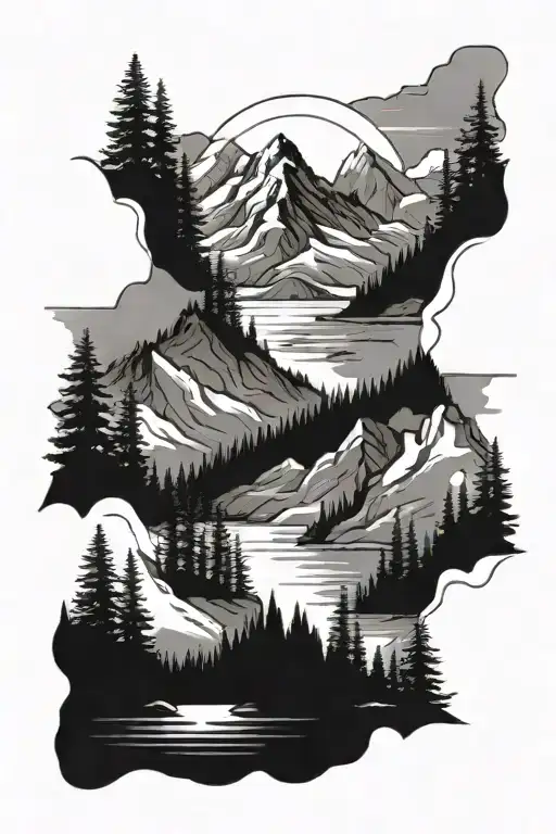 Mountain Lake With 10 Trees In The Foreground Mountains With