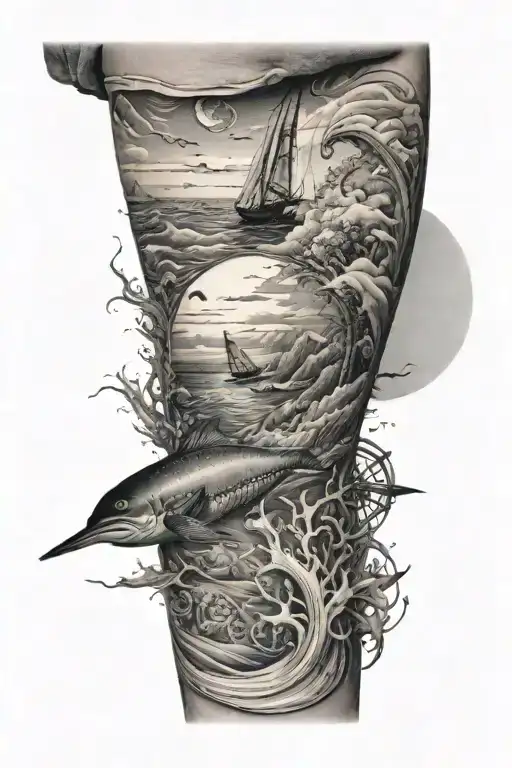 Ocean Theme Sleeve With The Bottom Of The Ocean On The Wrist And The Beach On The Shoulder