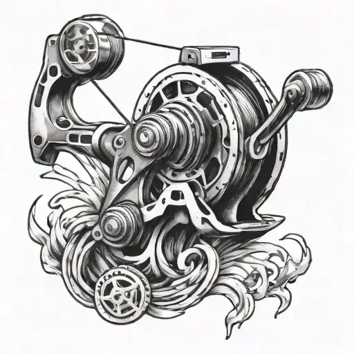 A Detailed Black And Grey Tattoo Of A Fishing Reel Intertwined With Mountain Peaks