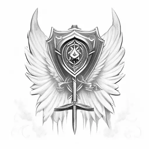 Angel Rising With Wings And Sword And Shield