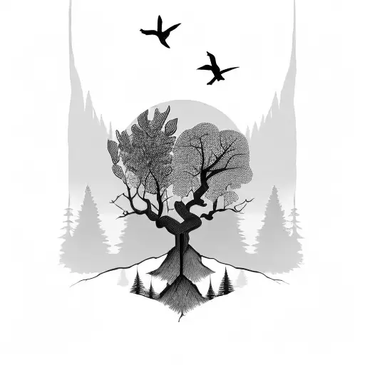 Forrest Themed Half Sleeve With Trees And River With Wild Life Thriving In The The Background