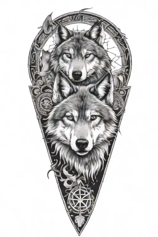 A Wolf Protecting His Family With The Zodiac Signs For Pisces And Scorpio In The Background