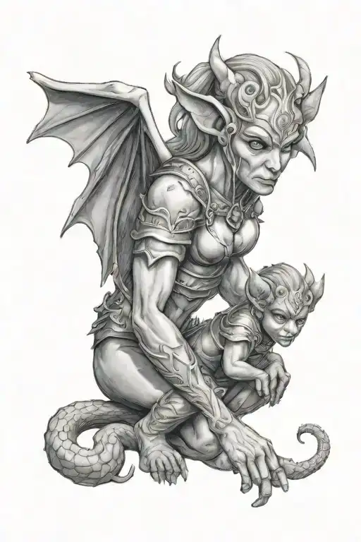 Female Gargoyle Warrior With Her Toddler
