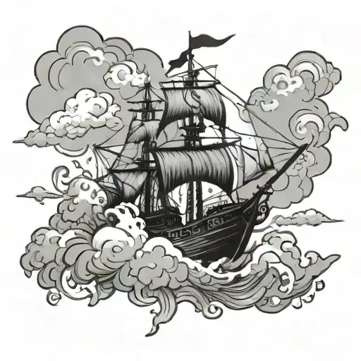 A Pirate Ship Flying In The Sky Surrounded By Stormy Clouds