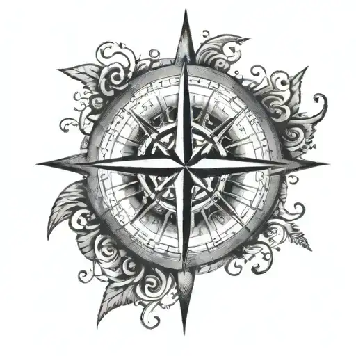 A Dotwork Tattoo Of A Compass Rose With Musical Notes Intertwined In The Design