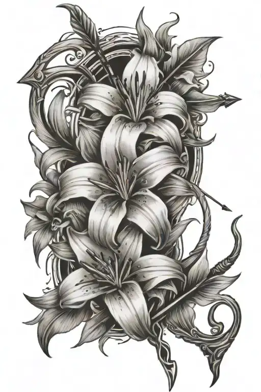 Lily Flower Intertwined Within Bow And Arrow Going