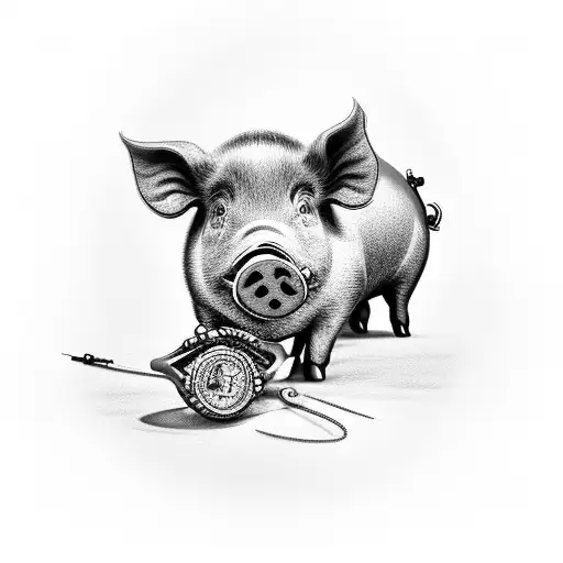 A Black-grey Tattoo Of A Pig Wearing A Ring And Holding A Fishing Net