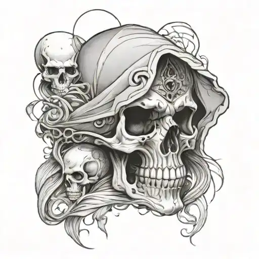 A Skull Wearing A Widow's Veil Surrounded By Friends Holding Hands