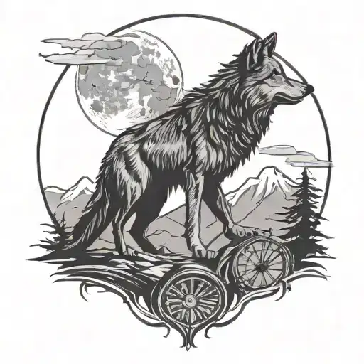 A Silhouette Of A Wolf Howling At The Moon With A Mountain Bike In The Background