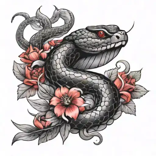 Black Snake With Red Flowers Wrapped Around The Flowers