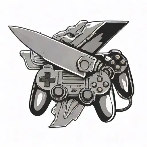 A Black And Grey Tattoo Of A Chef's Knife Morphing Into A Gaming Controller