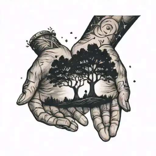 A Child Holding Hands With A Tree In A Starry Night Sky