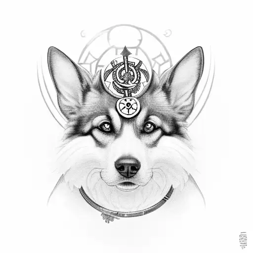 A Black And Grey Portrait Of A Dog Groomer Surrounded By Pagan Symbols And Tarot Cards