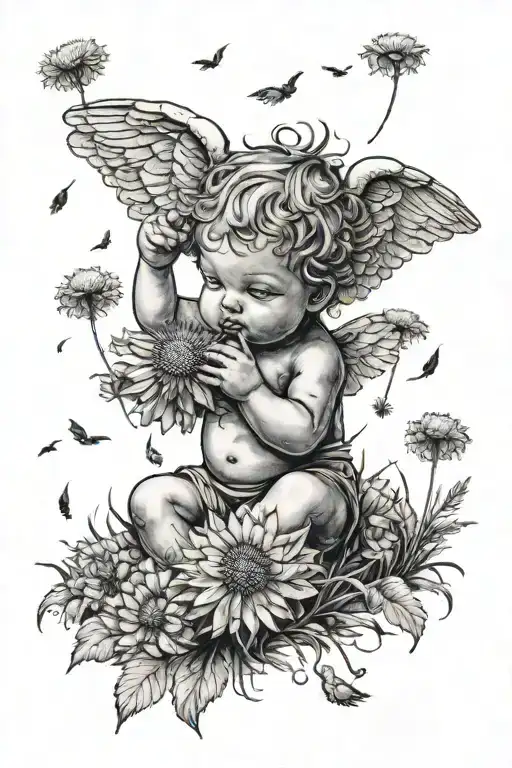 Cute Cherub Holding A Dandelion Flower And Sitting In A Field Of Flowers