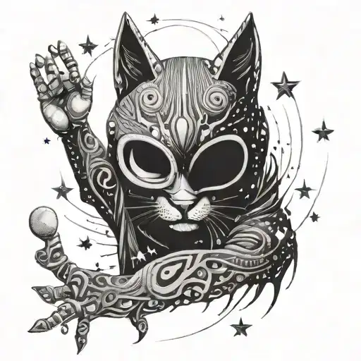 A Surreal Scene Of A Man Wearing A Gnaga Cat Mask Reaching Out To Touch The Stars