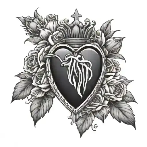 Sacred Heart With Roses Victorian Style Black And White Drawing Minimal