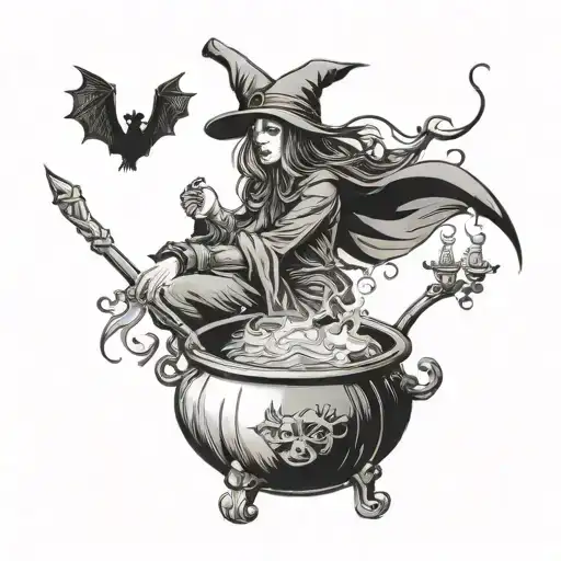 A Witch Brewing Potions In A Cauldron Surrounded By Bats